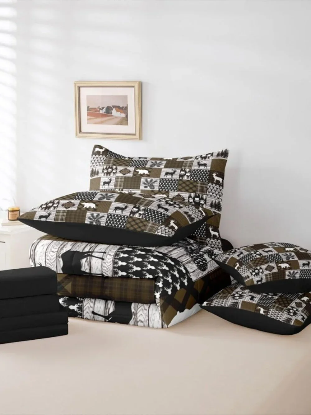 Lodge Plaid Comforter Set Queen Size 7 Pieces Bear Deer Bedding Set for Kids Boy